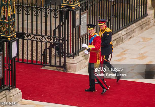 Princes William and Harry arriving at Westminster Abbey on 29 April 2011 for the Royal Wedding.