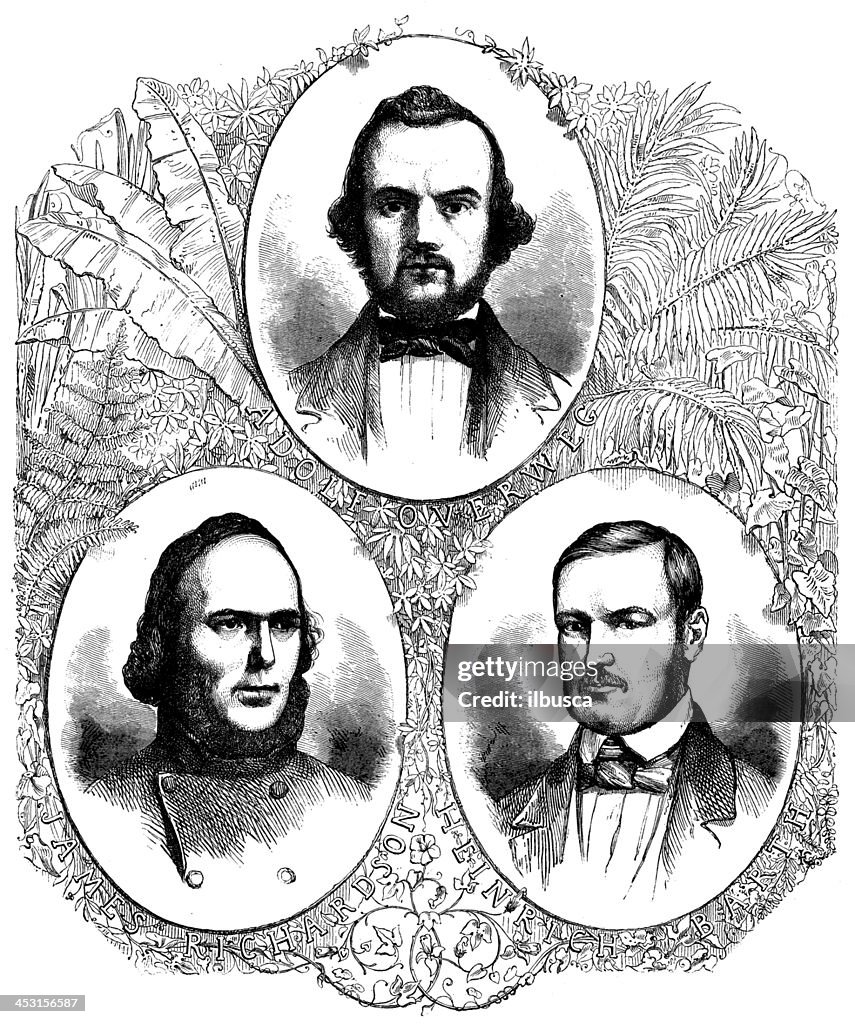 Antique illustration of James richardson, Adolph Overweg, Heinrich Barth