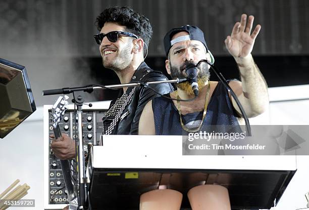 David Macklovitch and Patrick Gemayel of Chromeo perform during 2014 Lollapalooza at Grant Park on August 3, 2014 in Chicago, Illinois.