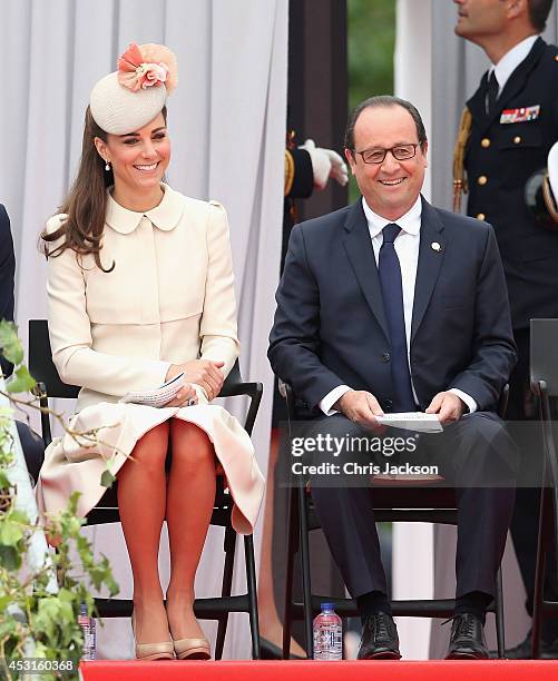 Catherine, Duchess of Cambridge shares a joke with Francois Hollande she attends a WW1 100 Years Commomoration Ceremony at Le Memorial Interallie on...