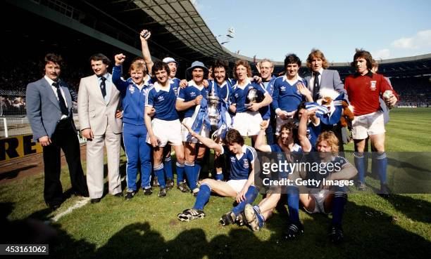 Ipswich Town FC celebrate after winning the 1978 FA Cup final against Arsenal, 1-0, at Wembley stadium on May 6, 1978 in London, England, Manager...