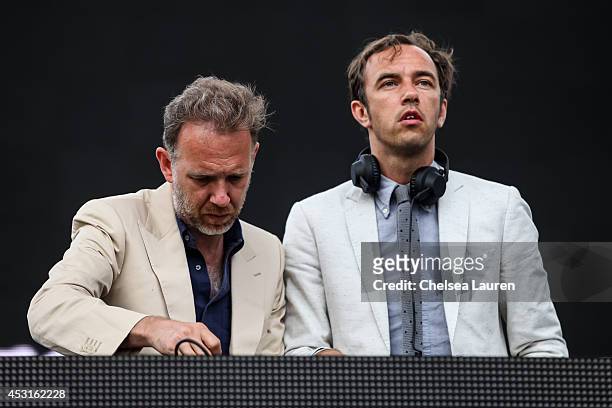 Electronic music artists David Dewaele and Stephen Dewaele of 2ManyDJs perform during HARD Summer at Whittier Narrows Recreation Area on August 3,...