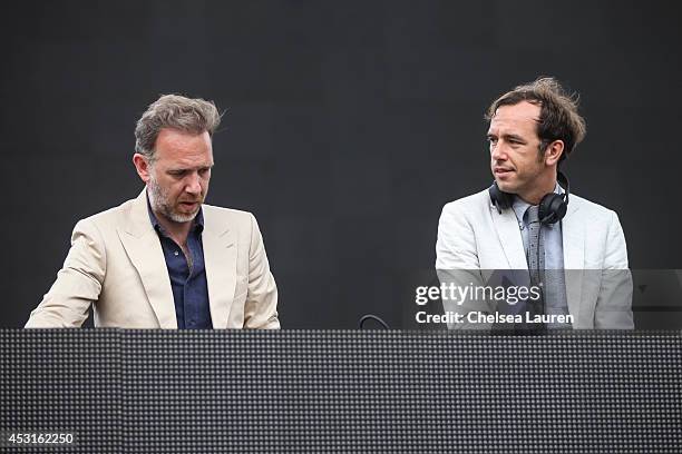 Electronic music artists David Dewaele and Stephen Dewaele of 2ManyDJs perform during HARD Summer at Whittier Narrows Recreation Area on August 3,...