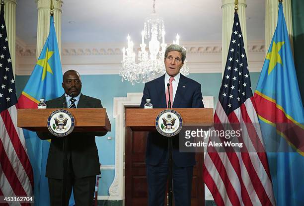 President of the Democratic Republic of Congo Joseph Kabila and U.S. Secretary of State John Kerry speak to members of the media before a bilateral...