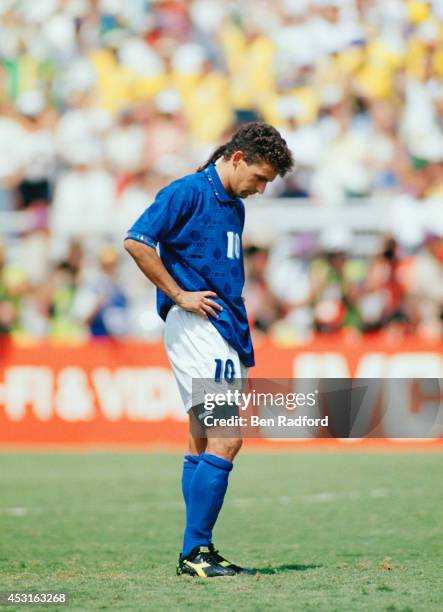 Dejected Roberto Baggio of Italy after missing the vital penalty kick in the shoot out during the 1994 FIFA World Cup final between Brazil and Italy...