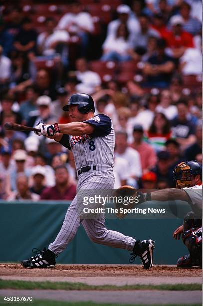 Todd Greene of the Anaheim Angels bats against the Boston Red Sox on May 9, 1999 at Fenway Park in Boston, Massachusetts.