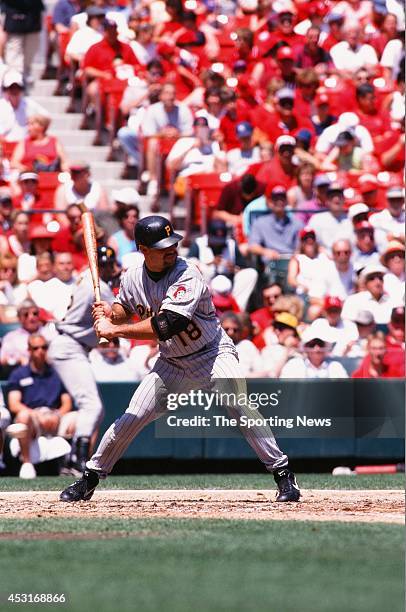 Jason Kendall of the Pittsburgh Pirates bats against the St. Louis Cardinals at Busch Stadium on May 9, 1999 in St. Louis, Missouri. The Pirates beat...