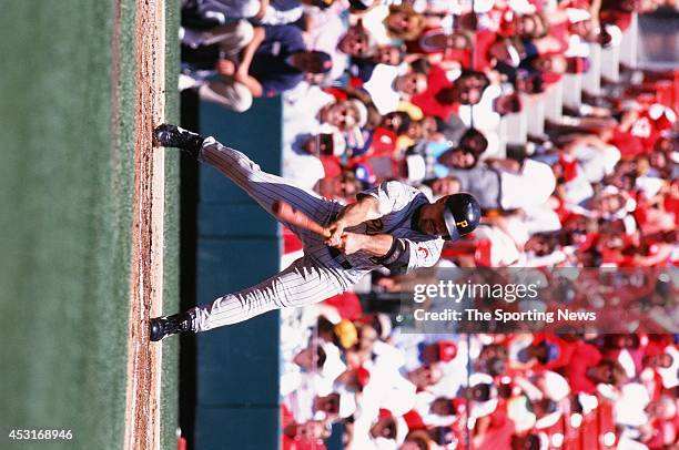 Jason Kendall of the Pittsburgh Pirates bats against the St. Louis Cardinals at Busch Stadium on May 9, 1999 in St. Louis, Missouri. The Pirates beat...