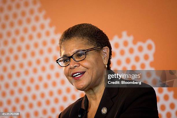 Representative Karen Bass, a Democrat from California, speaks at a forum on African energy and innovation at the Newseum in Washington, D.C., U.S.,...