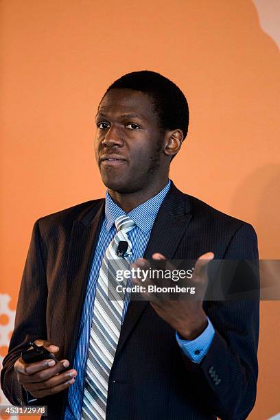 Gift Nyikayaramba, a student at Duke University, speaks during a forum on African energy and innovation at the Newseum in Washington, D.C., U.S., on...