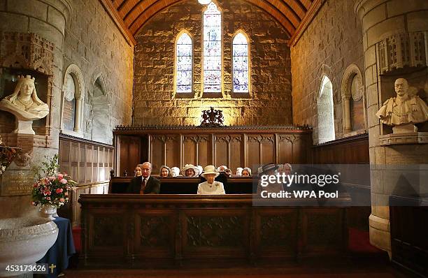 Queen Elizabeth II attends a service of commemoration at Crathie Kirk Church on August 4, 2014 in Crathie, Aberdeenshire, Scotland. Monday 4th August...