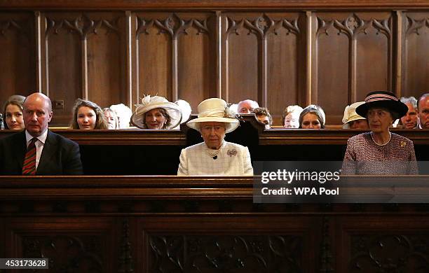 Queen Elizabeth II attends a service of commemoration at Crathie Kirk Church on August 4, 2014 in Crathie, Aberdeenshire, Scotland. Monday 4th August...