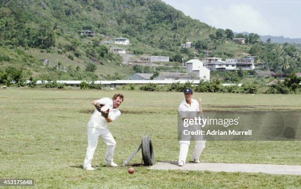 England players David Bairstow and Geoffrey Boycott during an unusual net practice on the 1981 England cricket tour to the West Indies.