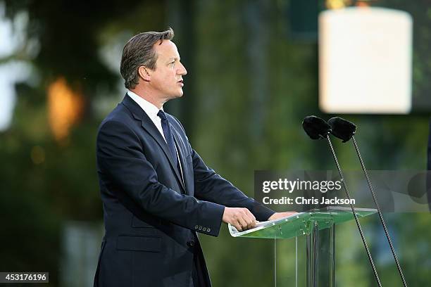 Prime Minister David Cameron talks during a service at St Symphorien Military Cemetery on August 4, 2014 in Mons, Belgium. Monday 4th August marks...