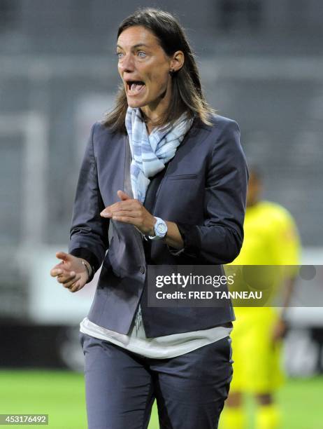 Clermont-Ferrand's French coach Corinne Diacre reacts during the French L2 football match between Brest and Clermont-Ferrand on August 4, 2014 at the...