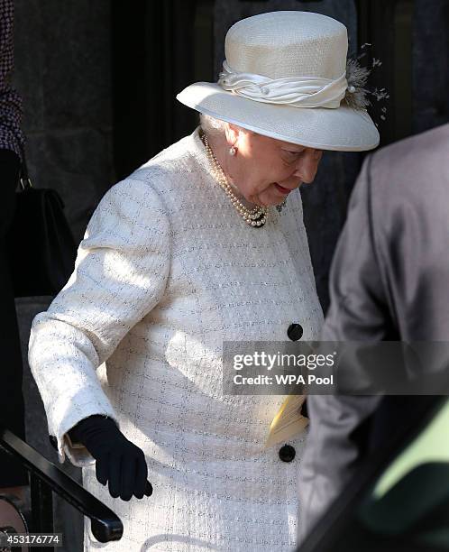 Queen Elizabeth II leaves after a service of commemoration at Crathie Kirk Church on August 4, 2014 in Crathie, Aberdeenshire, Scotland. Monday 4th...