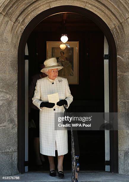 Queen Elizabeth II leaves after a service of commemoration at Crathie Kirk Church on August 4, 2014 in Crathie, Aberdeenshire, Scotland. Monday 4th...