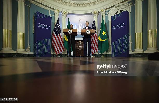 President of Mauritania Mohamed Ould Abdel Aziz and U.S. Secretary of State John Kerry make remarks to members of the media before a bilateral...