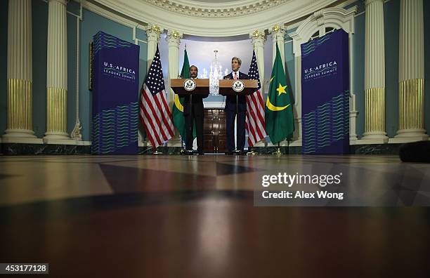 President of Mauritania Mohamed Ould Abdel Aziz and U.S. Secretary of State John Kerry make remarks to members of the media before a bilateral...