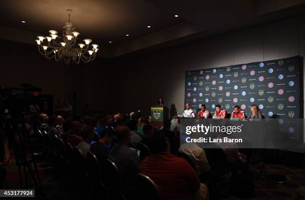 Head coach Josep Guardiola, Julian Green, Robert Lewandowski and Franck Ribery of Muenchen are seen on the stage during a press conference prior to...