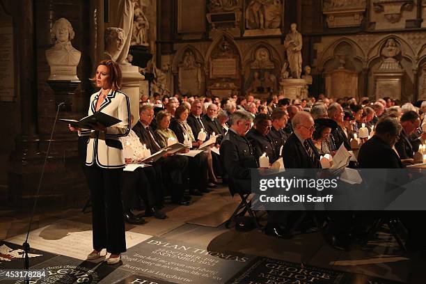 Actress Rachael Stirling delivers a speech during a candlelight vigil, attended by the Duchess of Cornwall, to mark the centenary of Britain's...