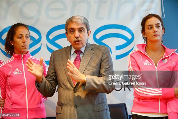 Anibal Fernandez, President of Argentine Hockey Confederation, talks during a press conference to announce modifications in the support staff of new...