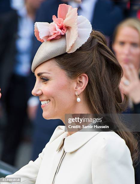 Catherine, Duchess of Cambridge attends a reception at the Grand Place on August 4, 2014 in Mons, Belgium. Monday 4th August marks the 100th...