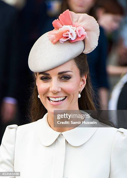 Catherine, Duchess of Cambridge smiles as she attends a reception at the Grand Place on August 4, 2014 in Mons, Belgium. Monday 4th August marks the...