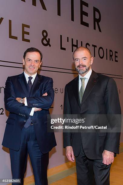 President of Cartier Stanislas de Quercize and President of Reunion des Musees Nationaux Jean-Paul Cluzel pose before the 'Cartier: Le Style et...