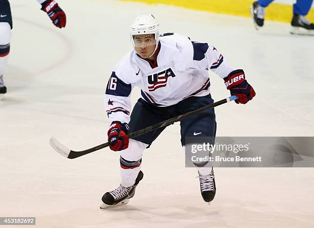 Keegan Iverson of USA White skates against Team Finland during the 2014 USA Hockey Junior Evaluation Camp at the Lake Placid Olympic Center on August...