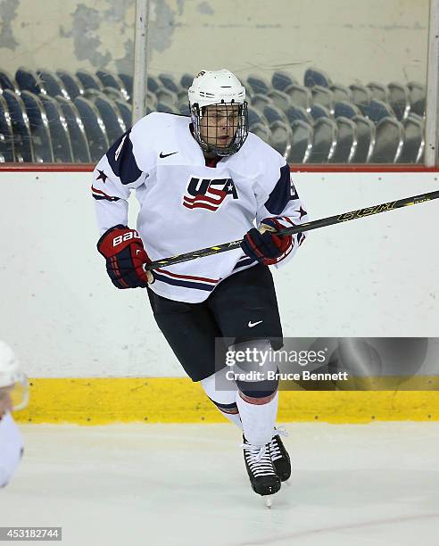 Auston Matthews of USA White skates against Team Finland during the 2014 USA Hockey Junior Evaluation Camp at the Lake Placid Olympic Center on...