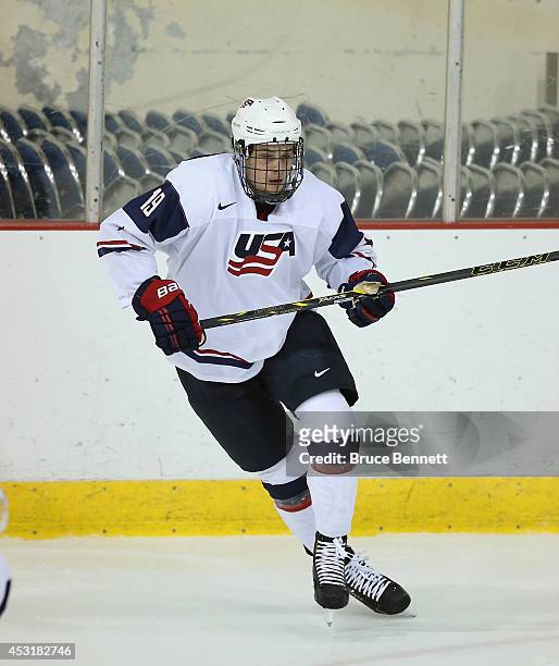 Auston Matthews of USA White skates against Team Finland during the 2014 USA Hockey Junior Evaluation Camp at the Lake Placid Olympic Center on...