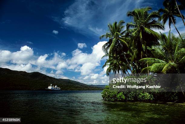Solomon Islands, Rendova Lagoon, Lubaria Island, Coconut Palms With Ms Explorer.