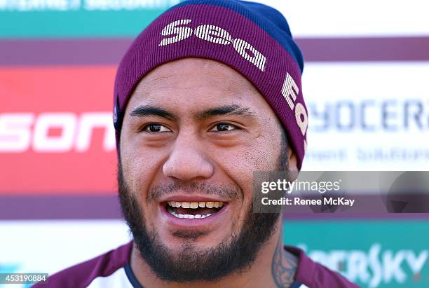 Jorge Taufua speaks with the media during a Manly Sea Eagles NRL training session at Sydney Academy of Sport on August 5, 2014 in Sydney, Australia.