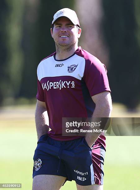 Jamie Lyon arrives at a Manly Sea Eagles NRL training session at Sydney Academy of Sport on August 5, 2014 in Sydney, Australia.