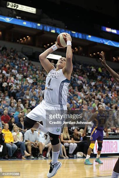Janel McCarville of the Minnesota Lynx drives to the basket against the Los Angeles Sparks during the WNBA game on July 8, 2014 at Target Center in...