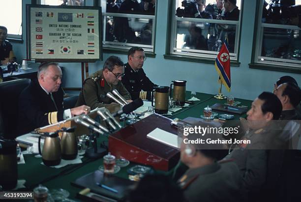American and South Korean delegations talk to their North Korean counterparts in Panmunjom on the 38th parallel in the DMZ, or demilitarised zone....