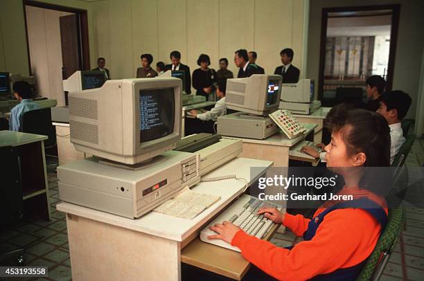 Children demonstrate computer skills for foreign delegations at the Children's Palace in Pyongyang. In fact, the computers where pre-programmed,...