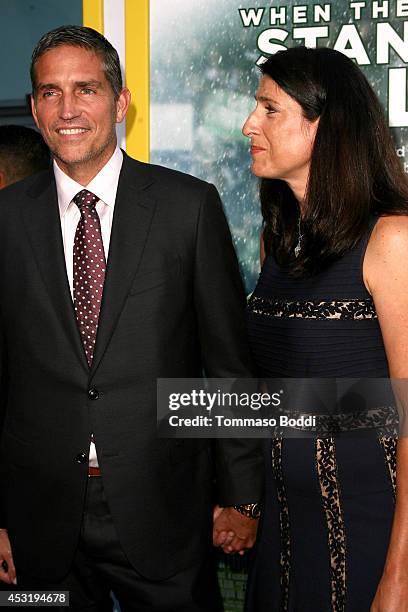 Actor Jim Caviezel and Kerri Browitt Caviezel attend the "When The Game Stands Tall" Los Angeles premiere held at the ArcLight Hollywood on August 4,...