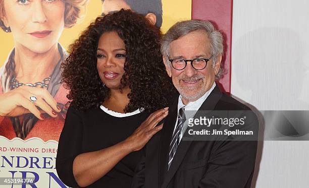 Producers Oprah Winfrey and Steven Spielberg attend the "The Hundred-Foot Journey" New York Premiere at Ziegfeld Theater on August 4, 2014 in New...