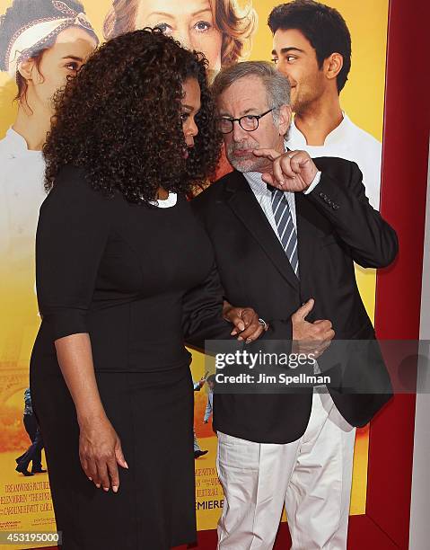 Producers Oprah Winfrey and Steven Spielberg attend the "The Hundred-Foot Journey" New York Premiere at Ziegfeld Theater on August 4, 2014 in New...