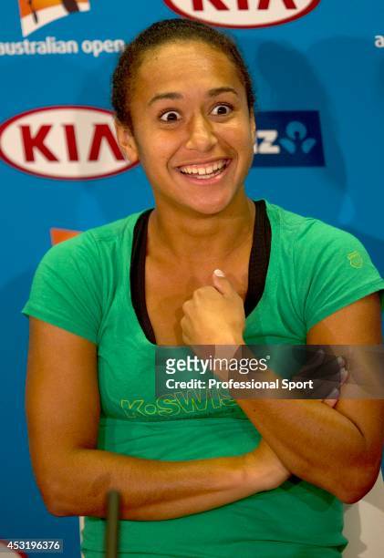 Heather Watson of Great Britain during her press conference after winning her second round match against Ksenia Pervak of Kazakhstan during day three...