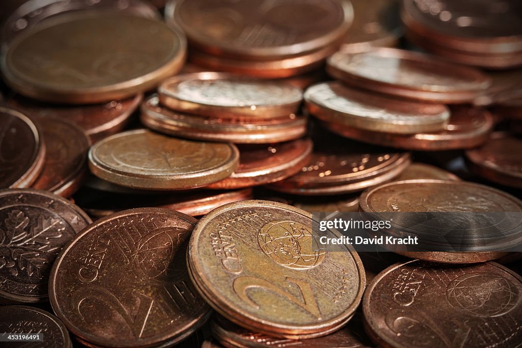 A macro photo of euro cent coins