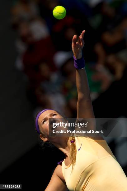 Victoria Azarenka of Belarus serves in her third round match against Jamie Hampton of the United States during day six of the 2013 Australian Open at...