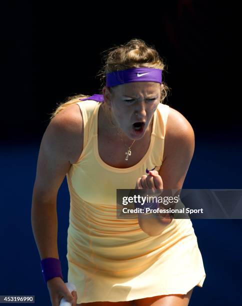 Victoria Azarenka of Belarus reacts in her third round match against Jamie Hampton of the United States during day six of the 2013 Australian Open at...