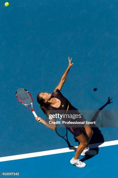 Jamie Hampton of the United States serves in her third round match against Victoria Azarenka of Belarus during day six of the 2013 Australian Open at...