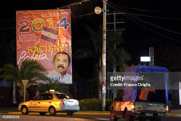 Banner featuring President of Nicaragua Daniel Ortega is seen in a central street of Managua on May 31, 2014 in Managua, Nicaragua. Ortega is a...