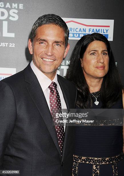 Actor Jim Caviezel and wife Kerri Browitt Caviezel attend the 'When The Game Stands Tall' Los Angeles premiere held at the ArcLight Hollywood on...