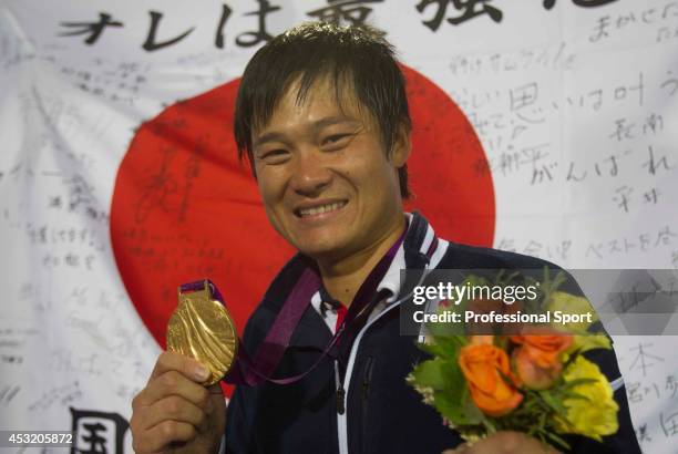 Shingo Kunieda celebrates with his Gold Medal after the Mens Wheelchair Gold Medal match on day 10 of the London 2012 Paralympic Games at Eton Manor...