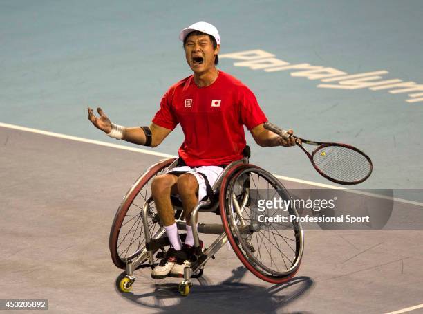Shingo Kunieda of Japan celebrates victory over Stephane Houdet of France in the Mens Wheelchair Gold Medal match on day 10 of the London 2012...